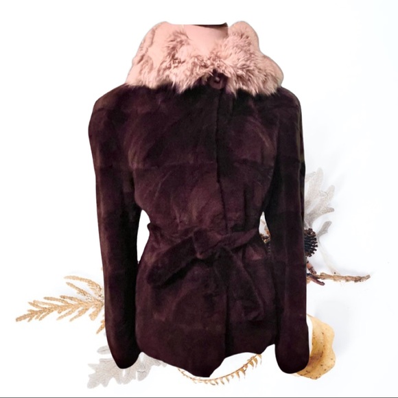 Brown Sheared Textured Mink Coat Jacket Canadian Lynx Fur Hood Belted Appraised - Picture 4 of 8